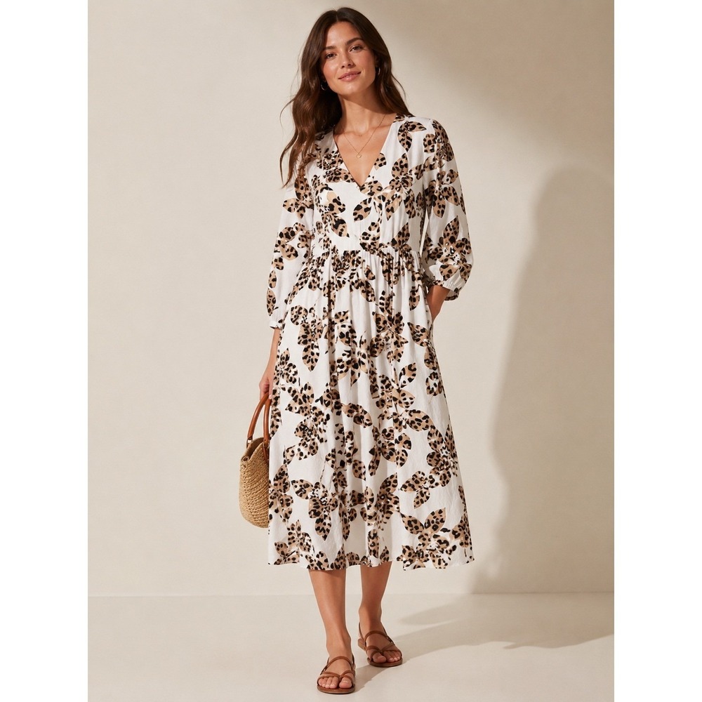 Badgley Mischka Women Animal Print Floral Cotton Midi Dress 4 Chic White Cottage